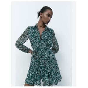 Zara Green Paisley Belted Chiffon Mini Dress Parisian Vacation Chic S
